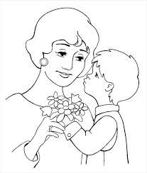Online coloring book: Coloring page little boy comes to his mother with flowers